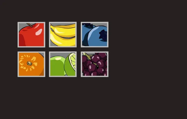 Картинка яблоко, апельсин, квадраты, виноград, бананы, фрукты, грейпфрут, голубика