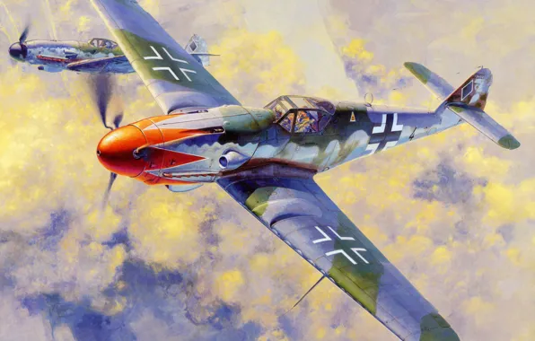 Картинка war, art, painting, ww2, Messerschmitt Bf 109 K4