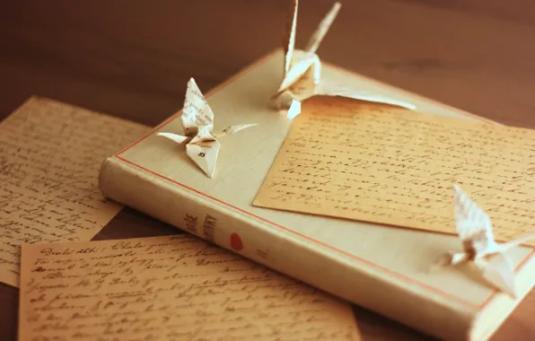 Письмо, книга, птички, оригами, журавли