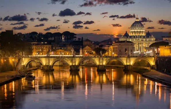 Ночь, мост, огни, река, Рим, Италия, Тибр