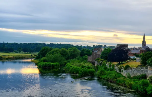 Деревья, река, Шотландия, монастырь, аббатство, Kelso Abbey, Келсо