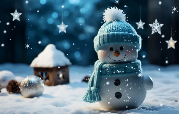 Зима, снег, Новый Год, Рождество, снеговик, happy, Christmas, night