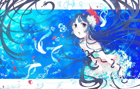 Картинка девушка, рыбы, цветы, ленты, пузыри, аниме, арт, kiko