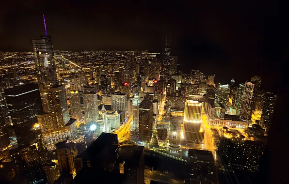 Картинка ночь, город, здания, небоскребы, Чикаго, USA, США, Иллинойс