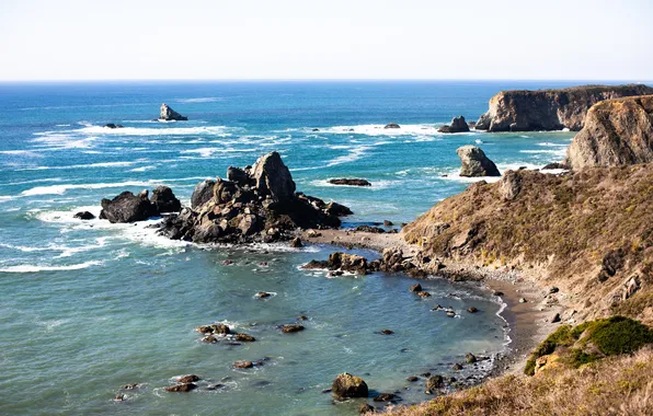 Море, солнце, камни, скалы, побережье, горизонт, USA, California