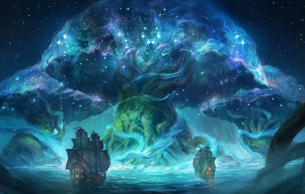 Картинка море, ночь, волшебство, magic, sea, night, beautiful landscape, fantasy art