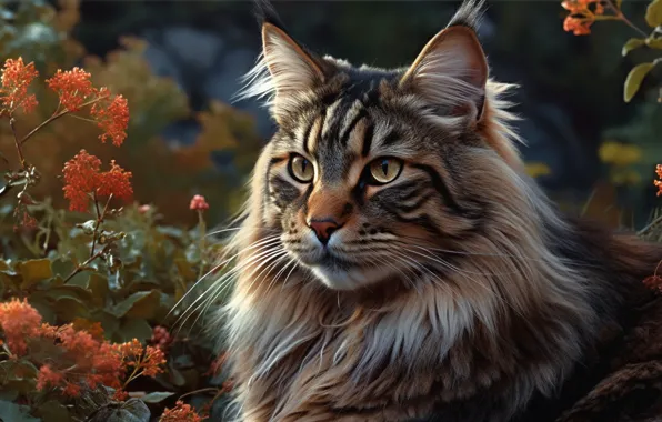 Кошка, лето, кот, взгляд, морда, листья, цветы, природа