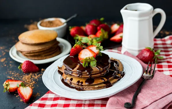 Картинка шоколад, завтрак, клубника, chocolate, sweet, pancake