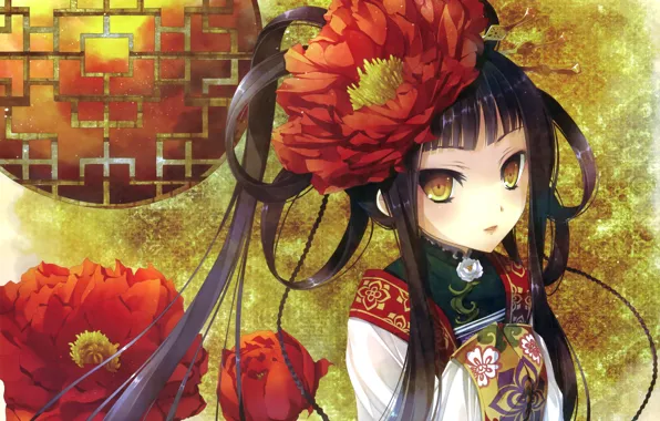 Картинка девушка, цветы, аниме, арт, косички, кимоно, katagiri hinata