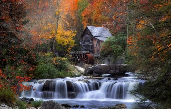 Картинка осень, лес, дом, река, камни, листва, водопад, водяная мельница