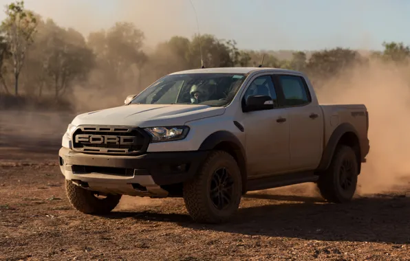 Картинка белый, земля, Ford, пыль, Raptor, пикап, 2018, Ranger