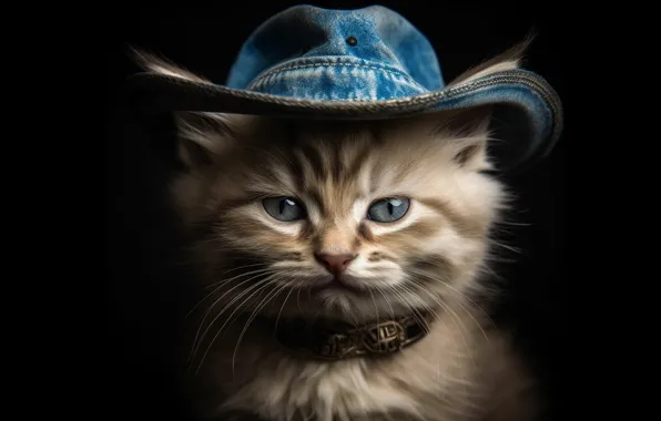 Кошка, взгляд, поза, котенок, серый, портрет, шляпа, серьезный
