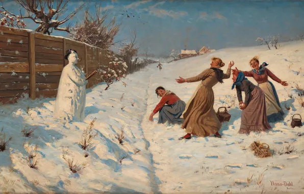 Картинка норвежский живописец, Hans Dahl, Ханс Даль, Norwegian painter, Throwing snowballs, Бросание снежков