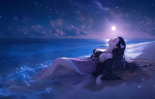Пляж, Клинок, Nezuko Kamado, nezuko, Клинок рассекающий демонов, Незуко Камадо, Ночной пляж, Незуко