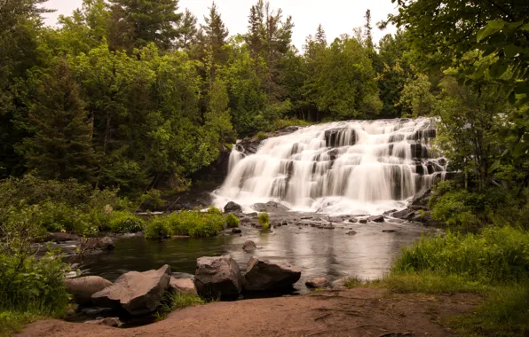 Лес, деревья, ручей, камни, водопад, США, каскад, Bond Falls
