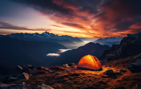 Sunset, mountains, tent, camping