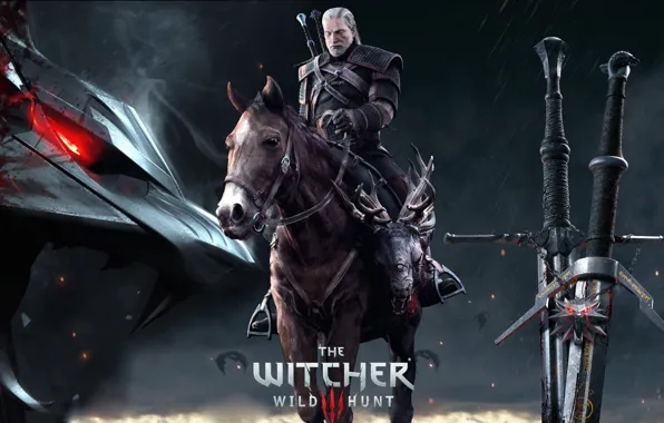 Лошадь, Мечи, The Witcher, Геральт, Геральт из Ривии, Мясник из Блавикена, Gwynbleidd, Белый Волк