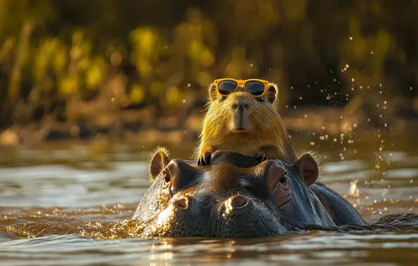 Картинка sunglasses, swimming, capybara, AI art, hippos