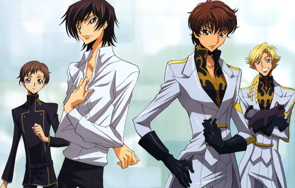 Улыбка, перчатки, форма, черный кот, code geass, lelouch lamperouge, suzaku kururugi, gino weinberg