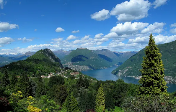 Деревья, горы, парк, Швейцария, Switzerland, Lake Lugano, Ticino, Тичино