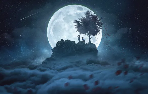 Космос, ночь, дети, дерево, луна, by CaelGibran