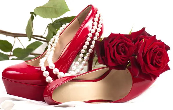 Картинка цветок, цветы, красный, романтика, обувь, розы, жемчуг, red