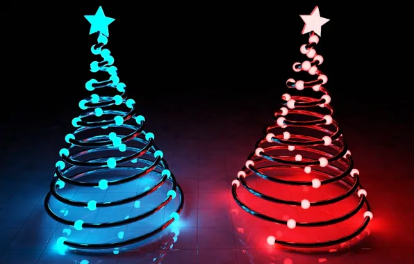 Звезды, свет, синий, красный, огни, праздник, елки, новый год