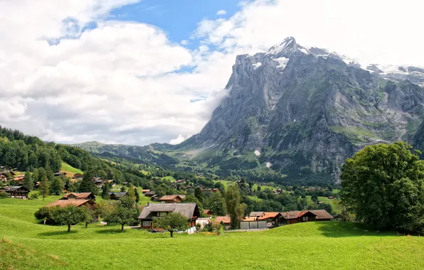 Картинка облака, деревья, горы, скалы, поля, дома, Швейцария, поселок