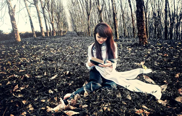 Девушка, природа, книга, азиатка, Linh Thùy Đặng