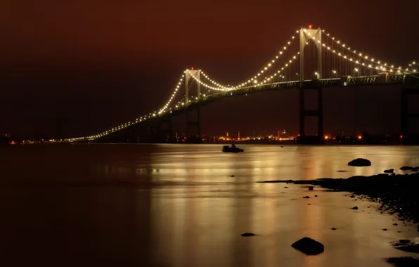 Ночь, мост, город, отражение, река
