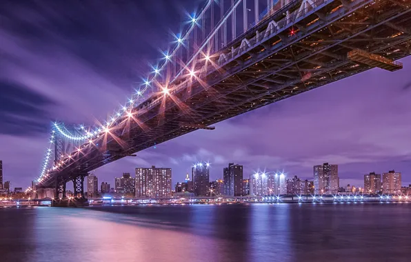 Картинка ночь, мост, огни, отражение, река, Нью-Йорк, Манхеттен
