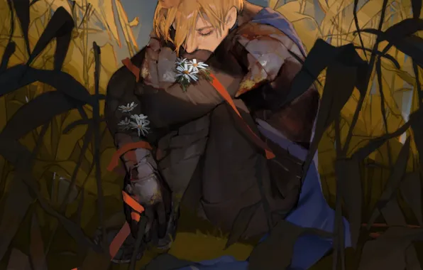 Цветок, трава, мужчина, грустит, Fire Emblem, Dimitri Alexandre Blaiddyd