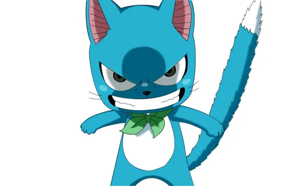 Голубой, белый фон, злой, котёнок, бант, Happy, Fairy Tail, Сказка о хвосте феи