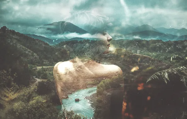 Girl, forest, river, clouds, hills, double exposure