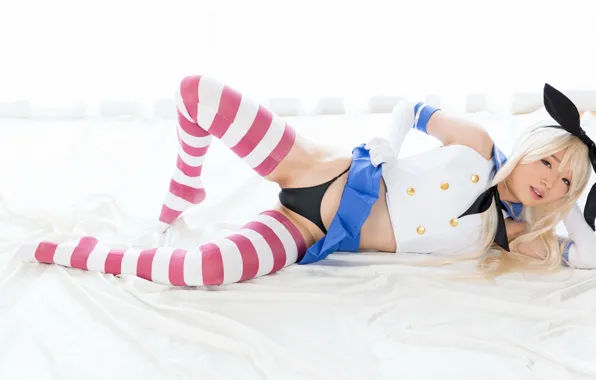 Поза, японка, cosplay, в полоску, kantai collection, shimakaze, Eri Hirasawa