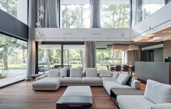 Вилла, интерьер, Польша, кухня, гостиная, столовая, Лодзь, Long House