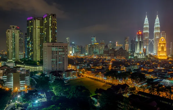 Ночь, огни, дома, небоскребы, Малайзия, Куала-Лумпур