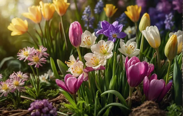 Поле, цветы, весна, colorful, тюльпаны, цветение, blossom, flowers