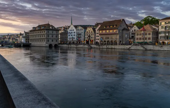 Река, здания, Швейцария, набережная, Цюрих
