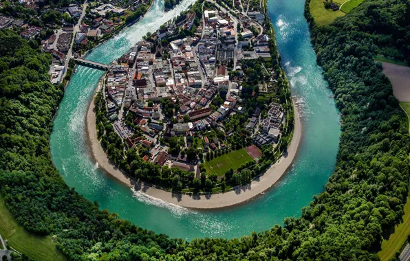 Картинка пейзаж, река, дома, Германия, Бавария, панорама, Вассербург-ам-Инн, Инн