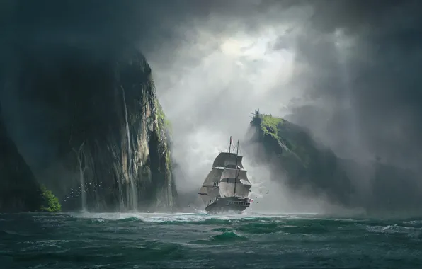 Картинка море, тучи, туман, скалы, корабль, арт, просвет