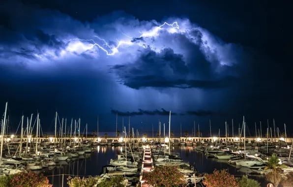 Картинка Небо, Ночь, Город, Молния, Sky, Испания, Lightning, Night