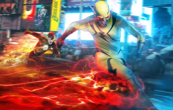 Картинка город, фантастика, арт, супергерой, Flash, суперзлодей, Barry Allen, Reverse-Flash
