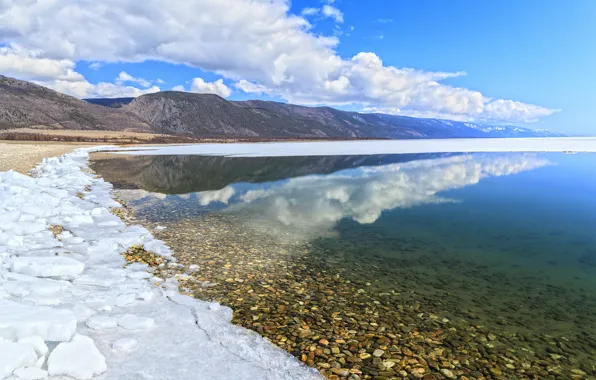КАМНИ, ВОДА, ГОРЫ, НЕБО, ОБЛАКА, СНЕГ, ОТРАЖЕНИЕ, ПОВЕРХНОСТЬ