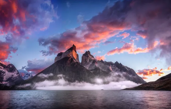 Картинка небо, облака, горы, туман, озеро, Патагония