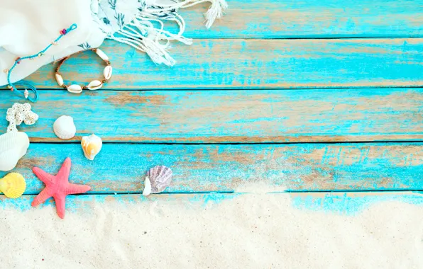 Картинка песок, пляж, фон, доски, звезда, ракушки, summer, beach