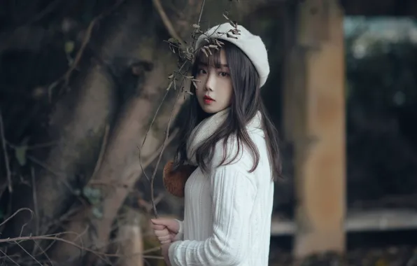 Beautiful, Asian, Model, Woman, Pretty, Outdoor, Sweater, Cap