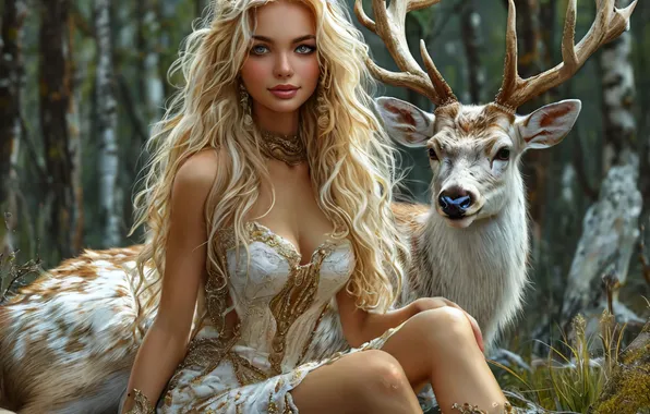 Девушки, Лес, Блондинка, Олень, Красотка, Девушка в лесу