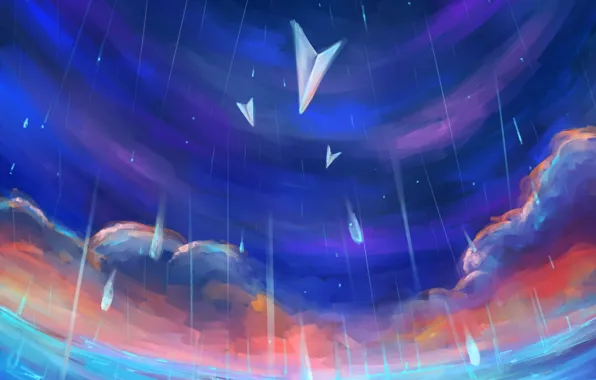Картинка небо, вода, облака, дождь, арт, живопись, погода, бумажные