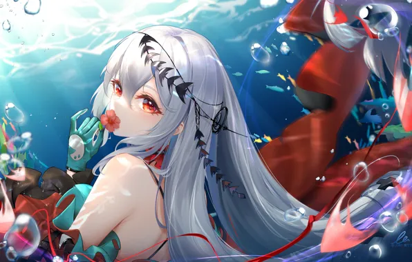 Цветок, девушка, рыбки, под водой, Arknights, Skadi